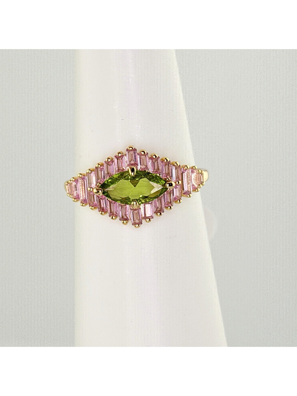 Bomb Party Sz 9 "August Muse" Peridot & Pink Spinel on Yellow Gold RG35535